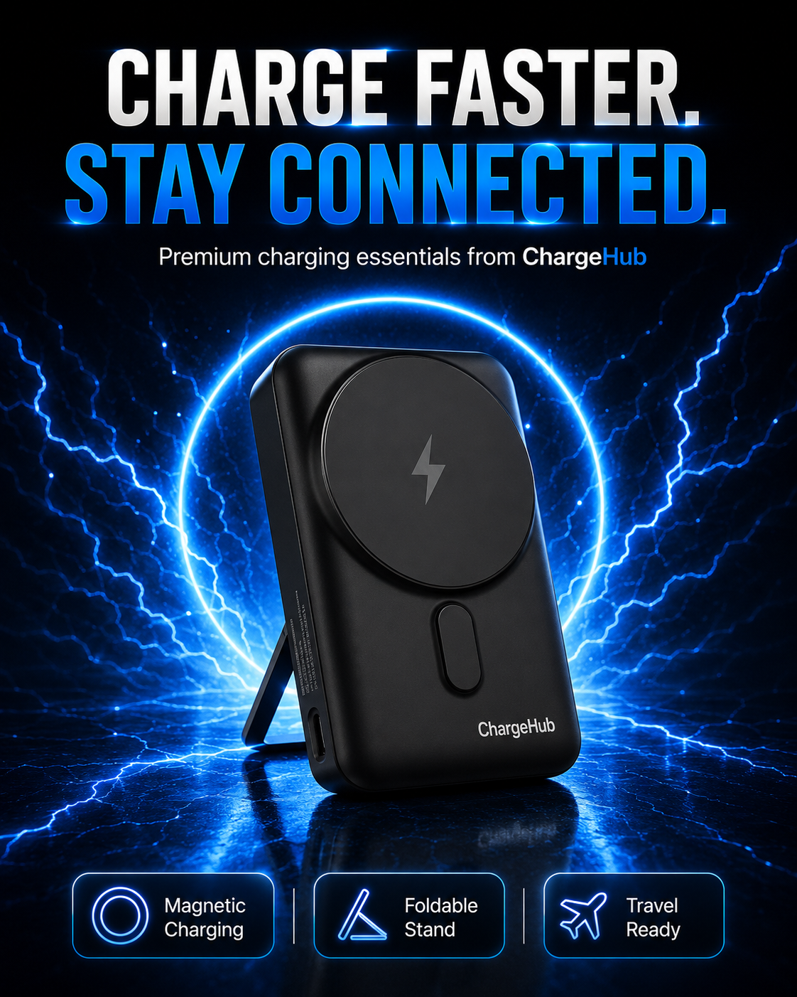 ChargeHub 10000mAh 3-in-1 magnetic power bank with fold-out stand and built-in cables, view 5