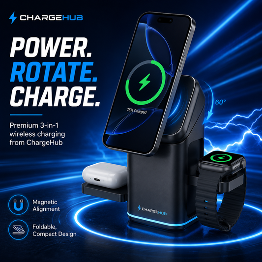 ChargeHub 15W 3-in-1 foldable magnetic wireless charging stand for phone, watch and earbuds, view 2