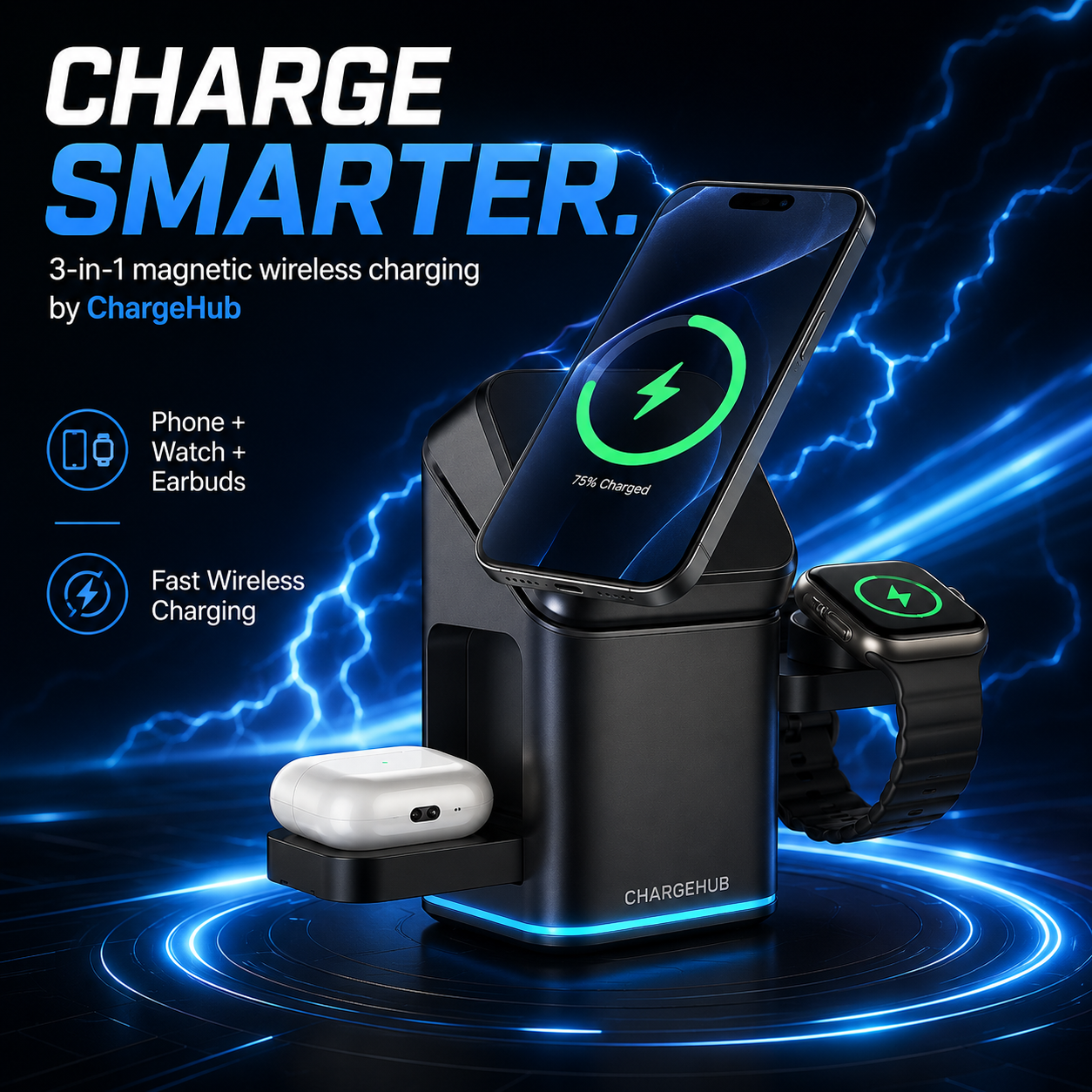ChargeHub 15W 3-in-1 foldable magnetic wireless charging stand for phone, watch and earbuds, view 4