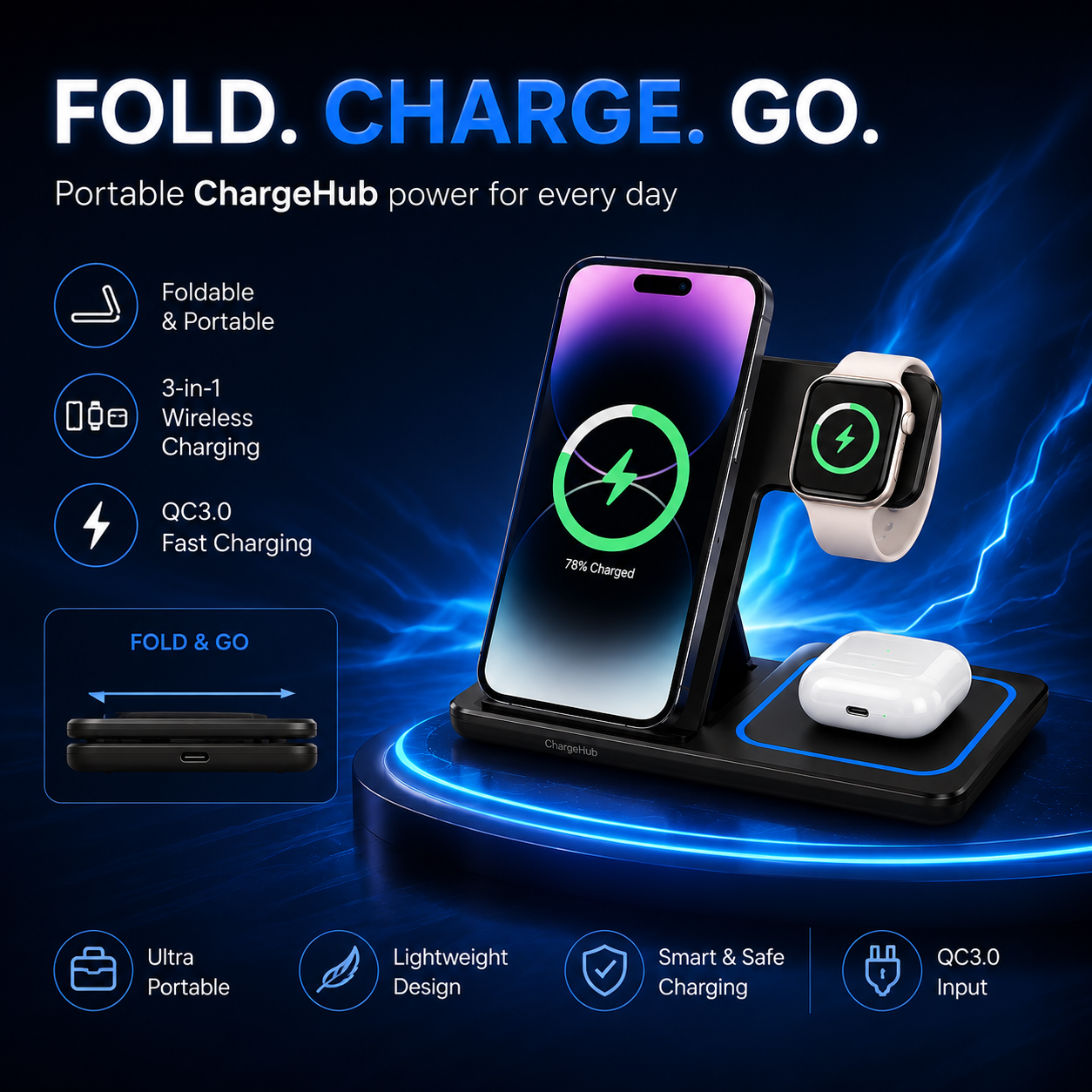 ChargeHub 15W 3-in-1 wireless charger for iPhone, Apple Watch and AirPods, view 4