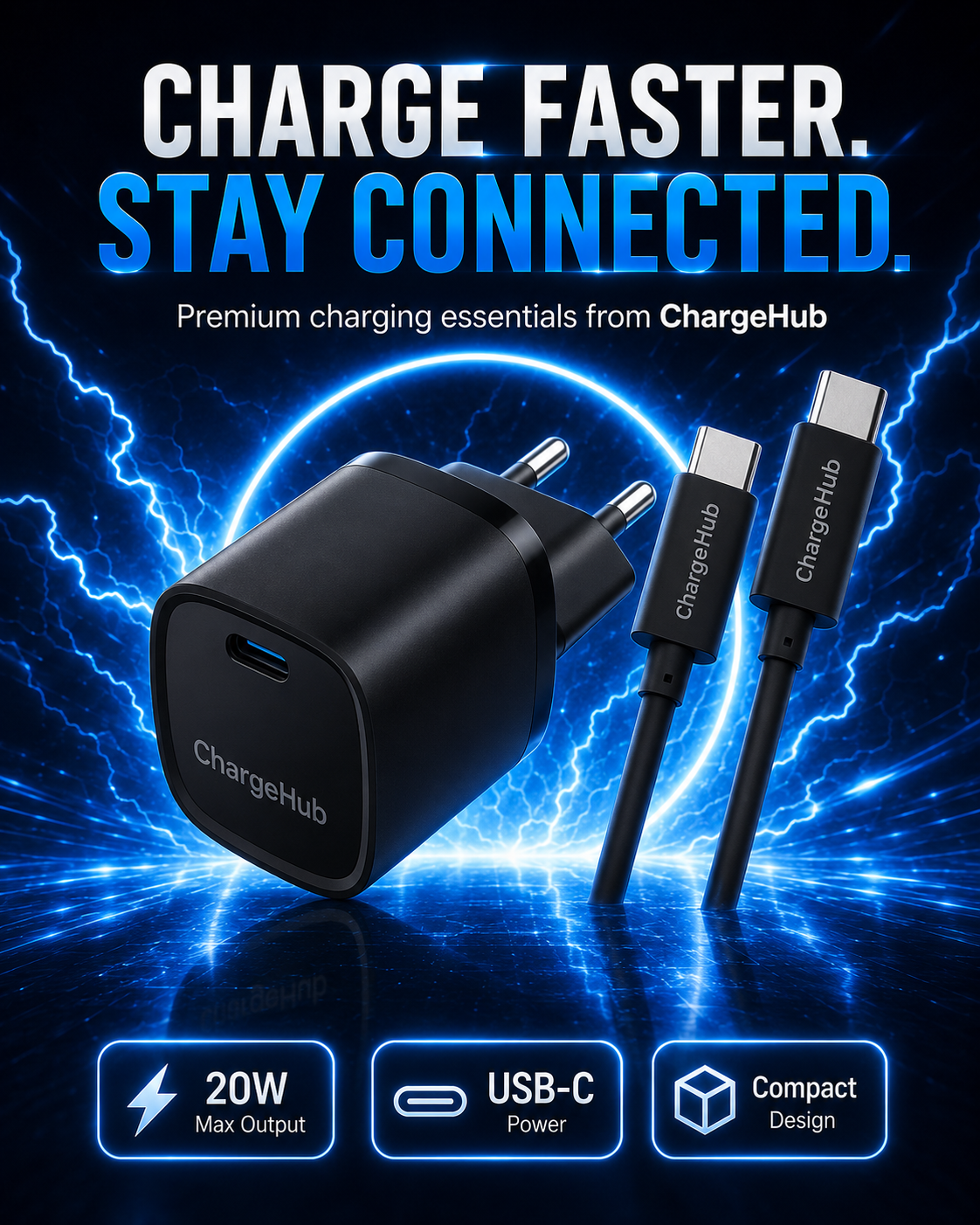 ChargeHub 20W USB-C PD travel charger with 60W USB-C cable for charging on the go, view 4