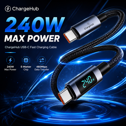 ChargeHub 240W USB-C to USB-C cable with LED wattage display in multiple colours, view 2