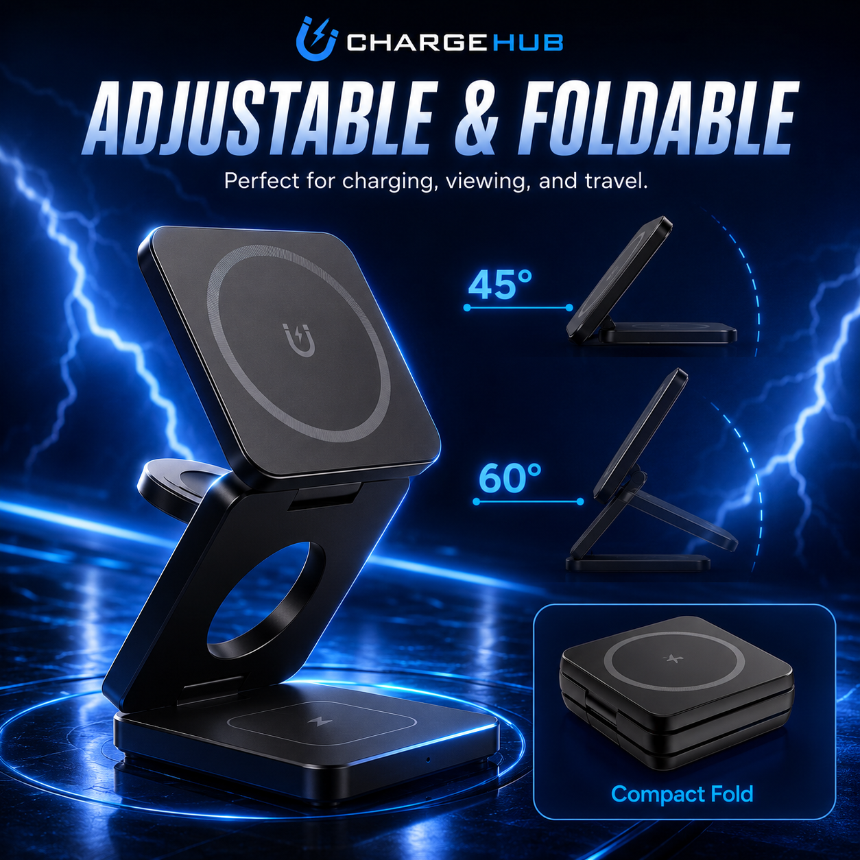 ChargeHub 3-in-1 foldable travel wireless charger for phone, smartwatch and earbuds, view 4