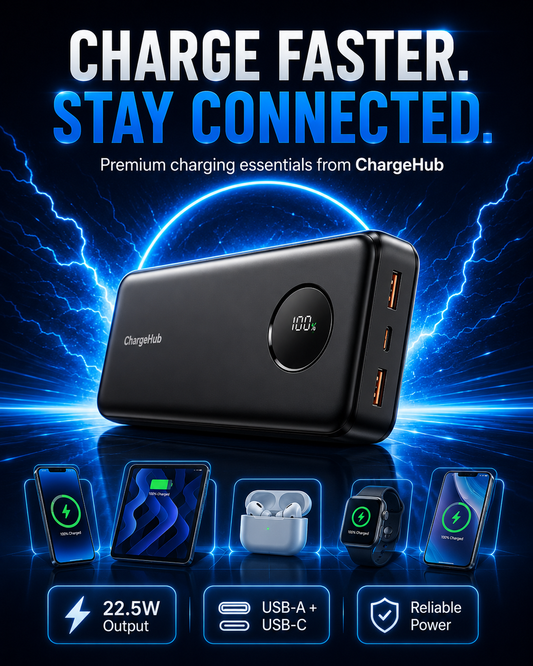 ChargeHub 30000mAh 22.5W power bank with LCD battery display and multiple outputs, view 2