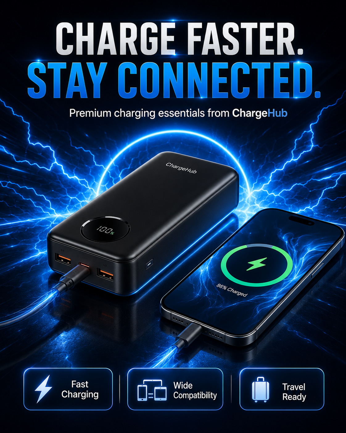 ChargeHub 30000mAh 22.5W power bank with LCD battery display and multiple outputs, view 4