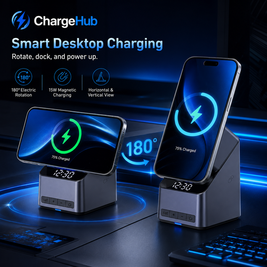 ChargeHub 4-in-1 rotating wireless charging station with clock for phone, watch and earbuds, view 2