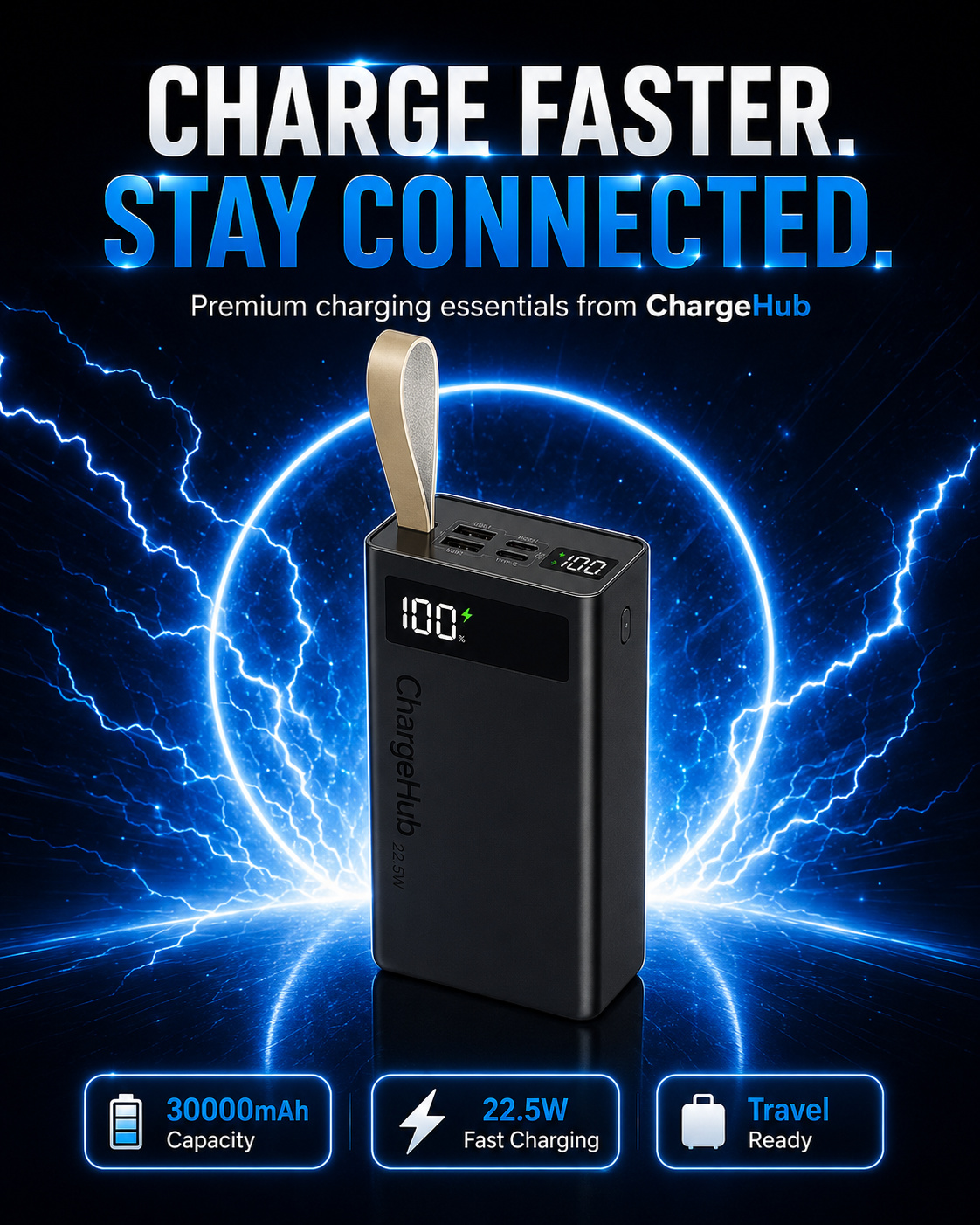 ChargeHub 40000mAh 22.5W power bank with LCD display, three inputs and four outputs, view 4
