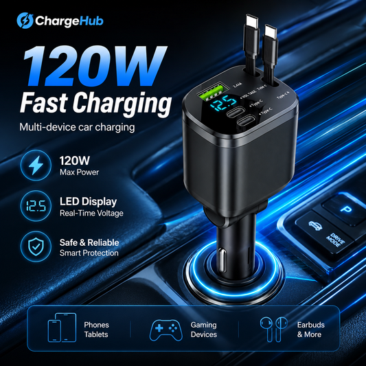 ChargeHub 5-in-1 car charger with dual PD USB ports and charging status display, view 2