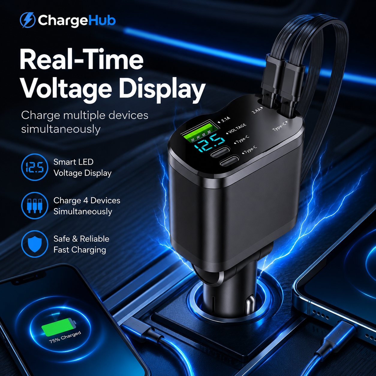 ChargeHub 5-in-1 car charger with dual PD USB ports and charging status display, view 3
