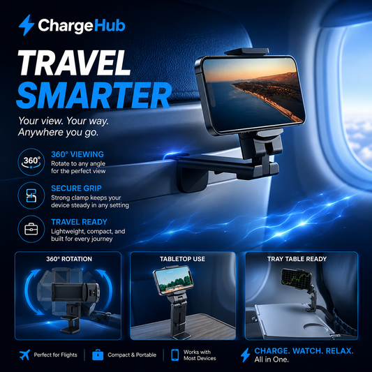 ChargeHub airplane phone holder with 360 degree rotating clamp for tray tables, view 2