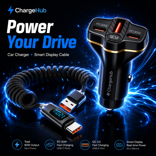 ChargeHub Car Charging Kit contents - 78W 3-port car charger with braided cable