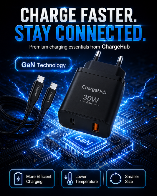 ChargeHub dual-port USB-C PD fast charger with 5A cable for charging two devices at once, view 2