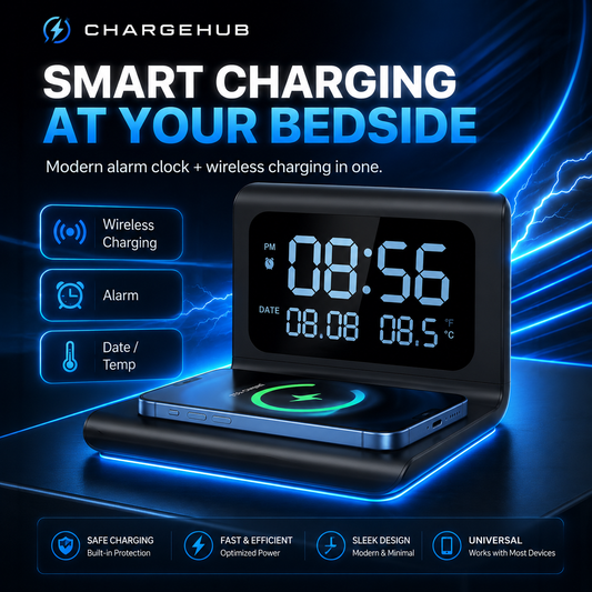 ChargeHub multifunction wireless charger with time and temperature display, view 2