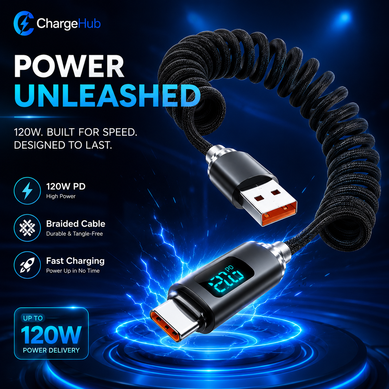 ChargeHub braided USB-A to USB-C fast-charging cable in green, red and black, view 4