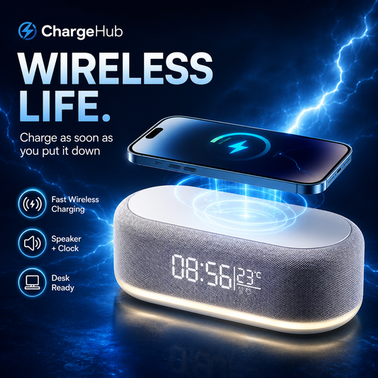 ChargeHub wireless charger alarm clock with night light and temperature display, view 2