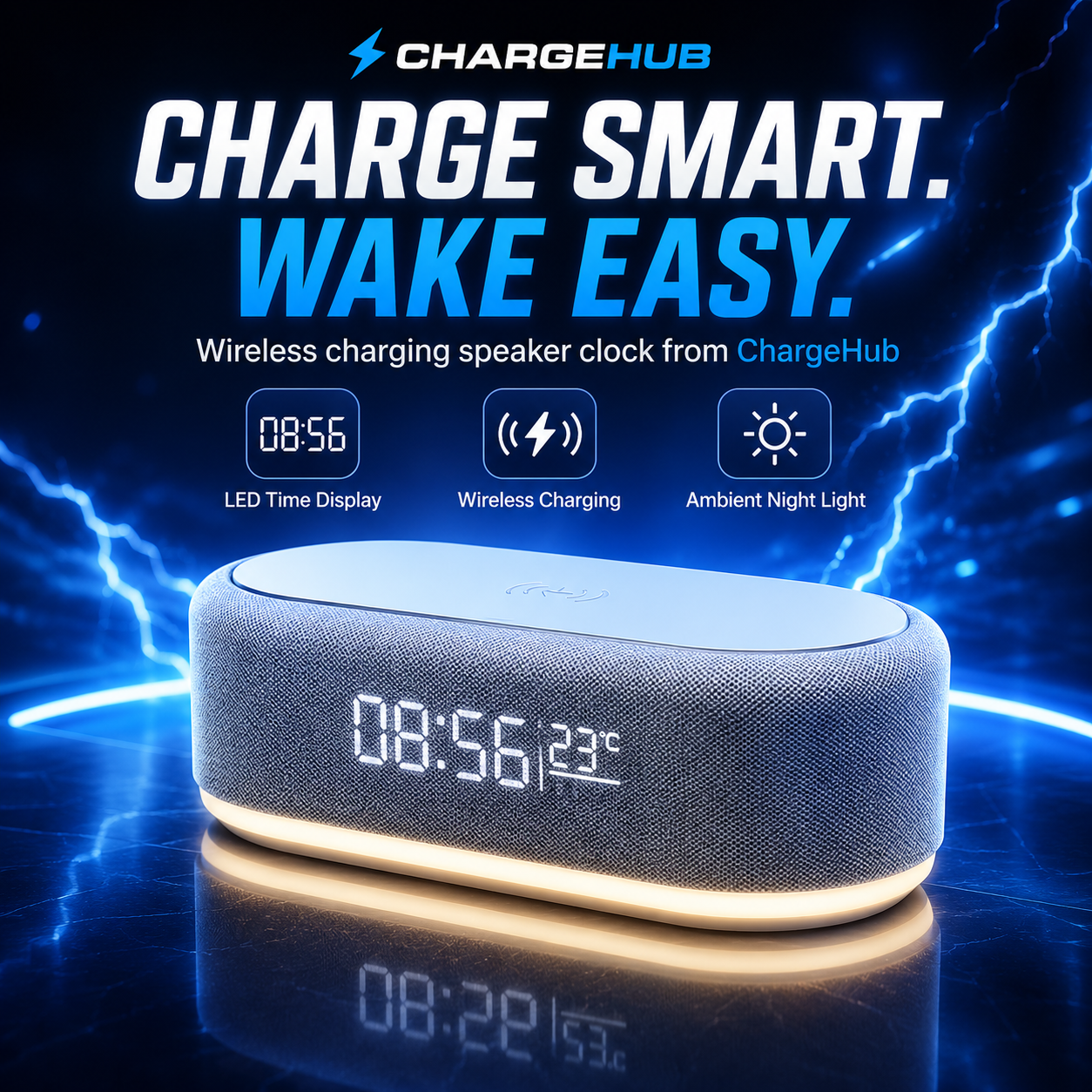 ChargeHub wireless charger alarm clock with night light and temperature display, view 4