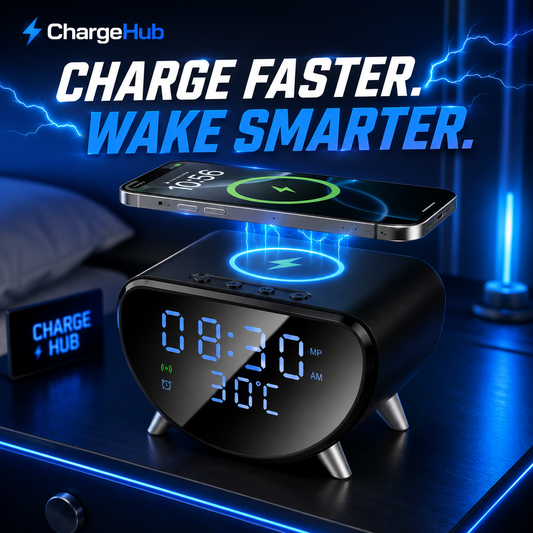 ChargeHub wireless charging station with date, time and temperature display, view 2