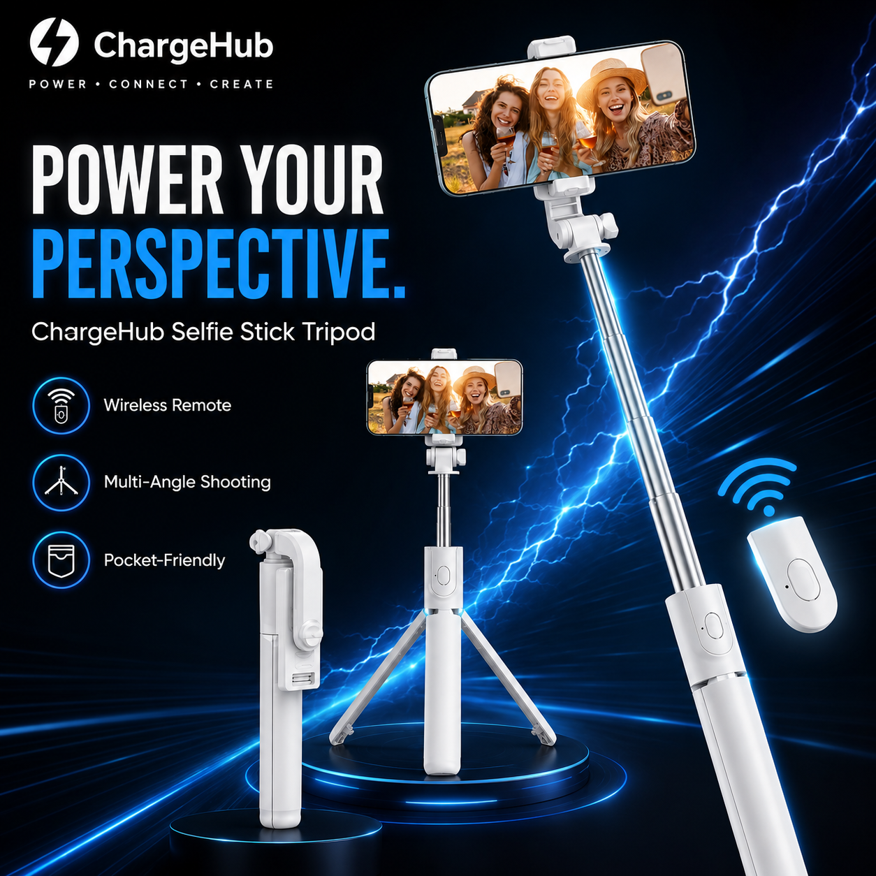 ChargeHub wireless selfie stick with built-in Bluetooth remote and anti-slip grip, view 4