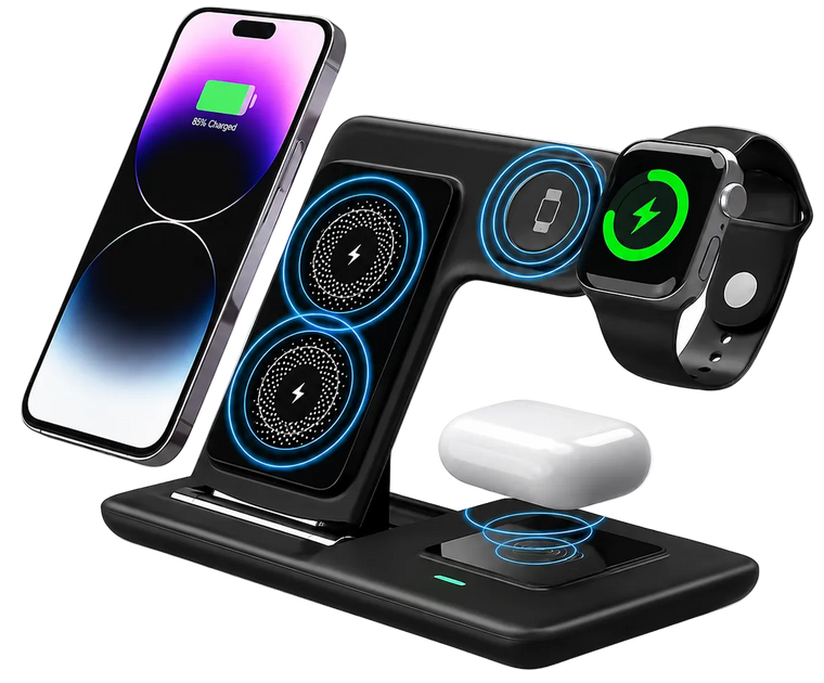 Multi-device wireless charging stand with smartphone, smartwatch, and earbuds on a white background