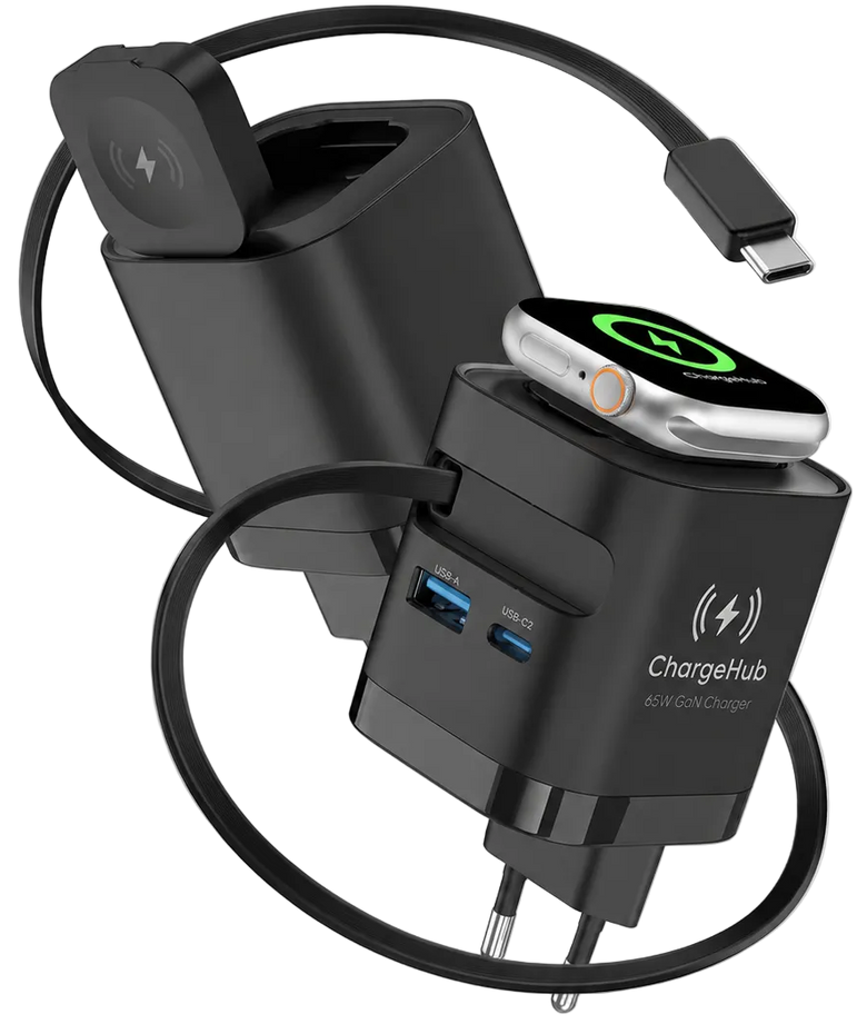 Black ChargeHub with multiple ports and a smartwatch on a white background