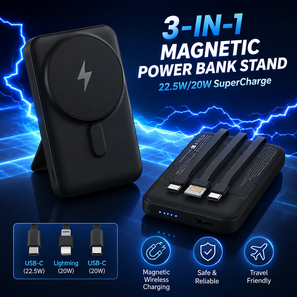 ChargeHub 10000mAh 3-in-1 magnetic power bank with fold-out stand and built-in cables, view 2