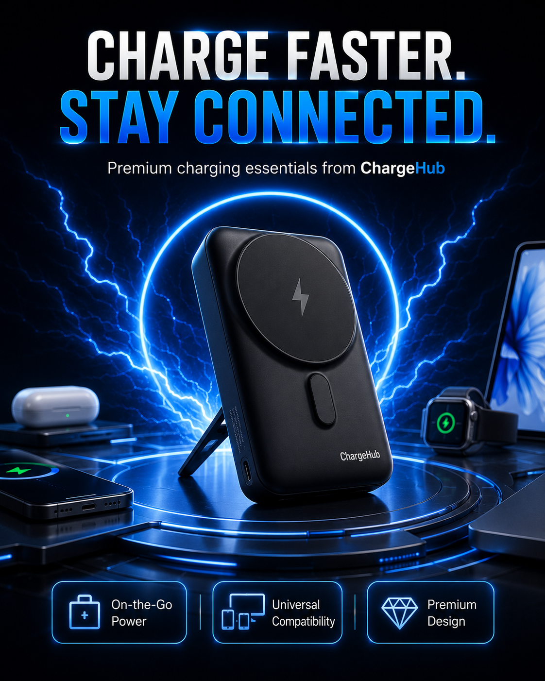 ChargeHub 10000mAh 3-in-1 magnetic power bank with fold-out stand and built-in cables, view 3