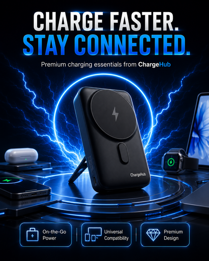 ChargeHub 10000mAh 3-in-1 magnetic power bank with fold-out stand and built-in cables, view 3