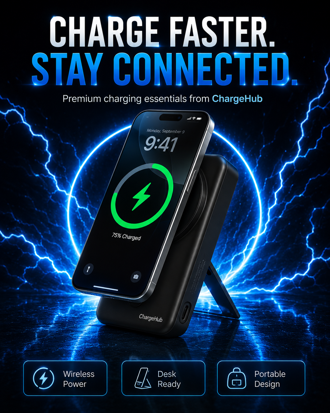ChargeHub 10000mAh 3-in-1 magnetic power bank with fold-out stand and built-in cables, view 4
