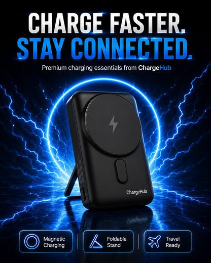 ChargeHub 10000mAh 3-in-1 magnetic power bank with fold-out stand and built-in cables, view 5