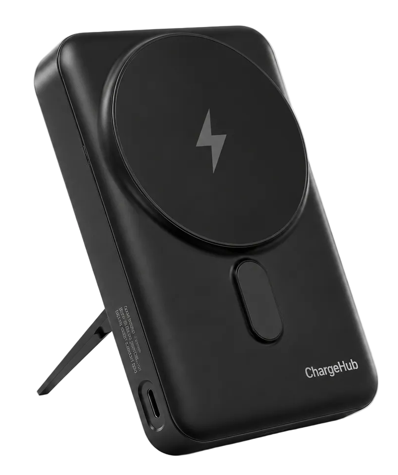 ChargeHub 10000mAh 3-in-1 magnetic power bank with fold-out stand and built-in cables
