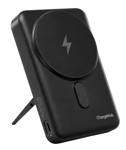 ChargeHub 10000mAh 3-in-1 magnetic power bank with fold-out stand and built-in cables