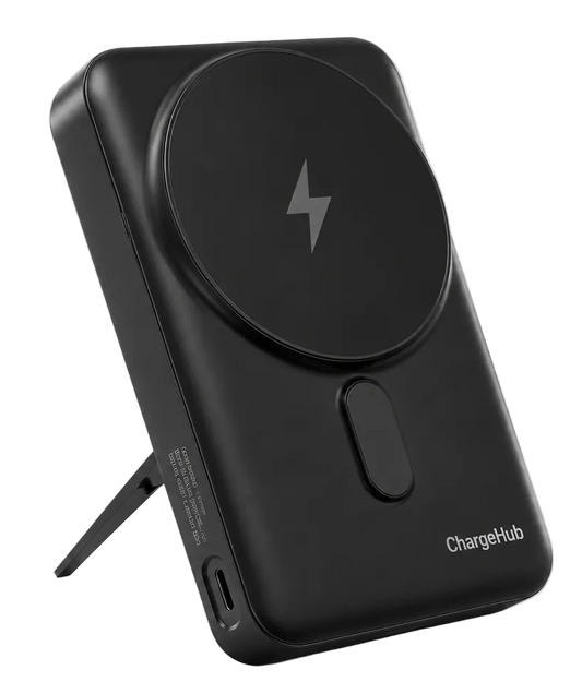 ChargeHub 10000mAh 3-in-1 magnetic power bank with fold-out stand and built-in cables