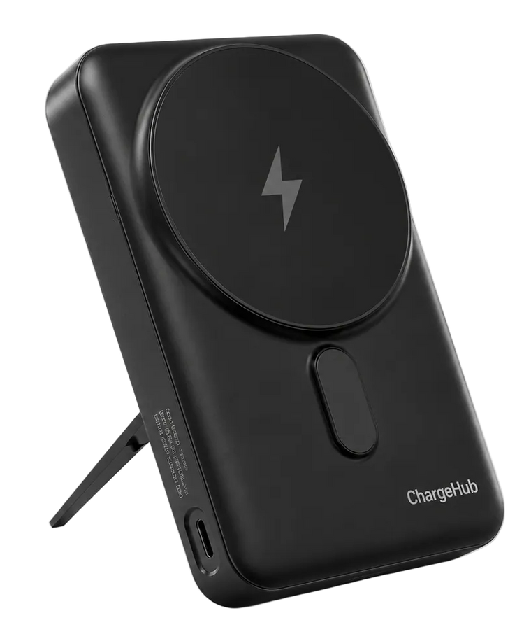 ChargeHub 10000mAh 3-in-1 magnetic power bank with fold-out stand and built-in cables