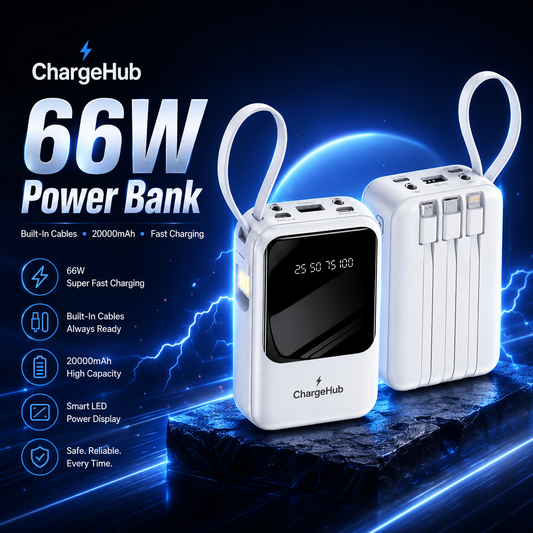 ChargeHub 10000mAh 66W power bank with built-in Type-C cables and LED display, view 2