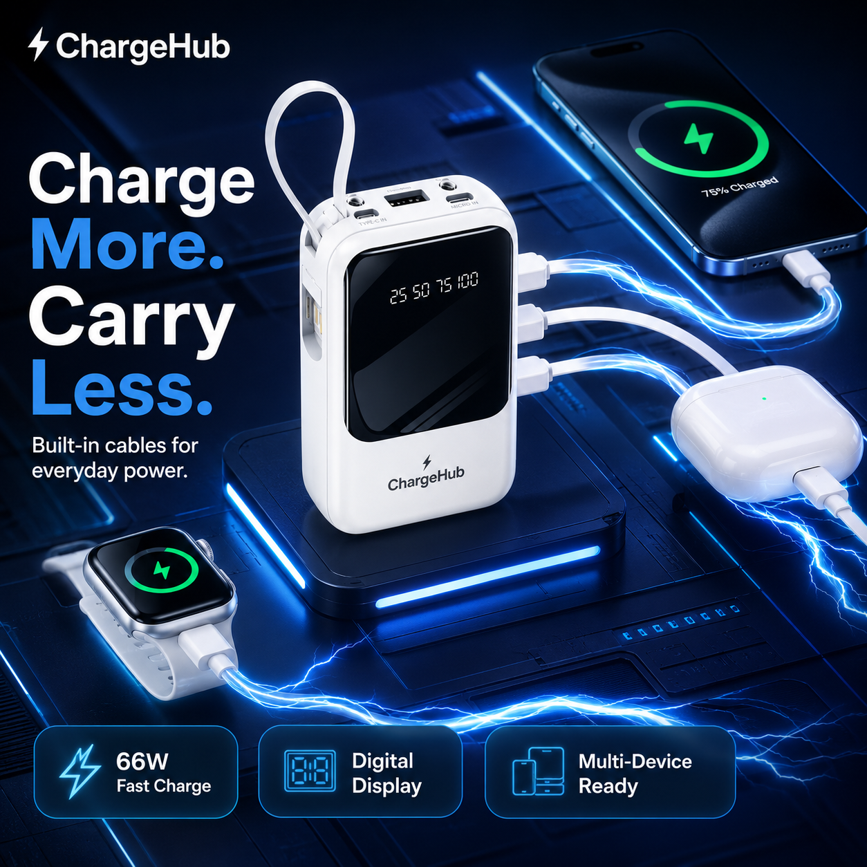 ChargeHub 10000mAh 66W power bank with built-in Type-C cables and LED display, view 3