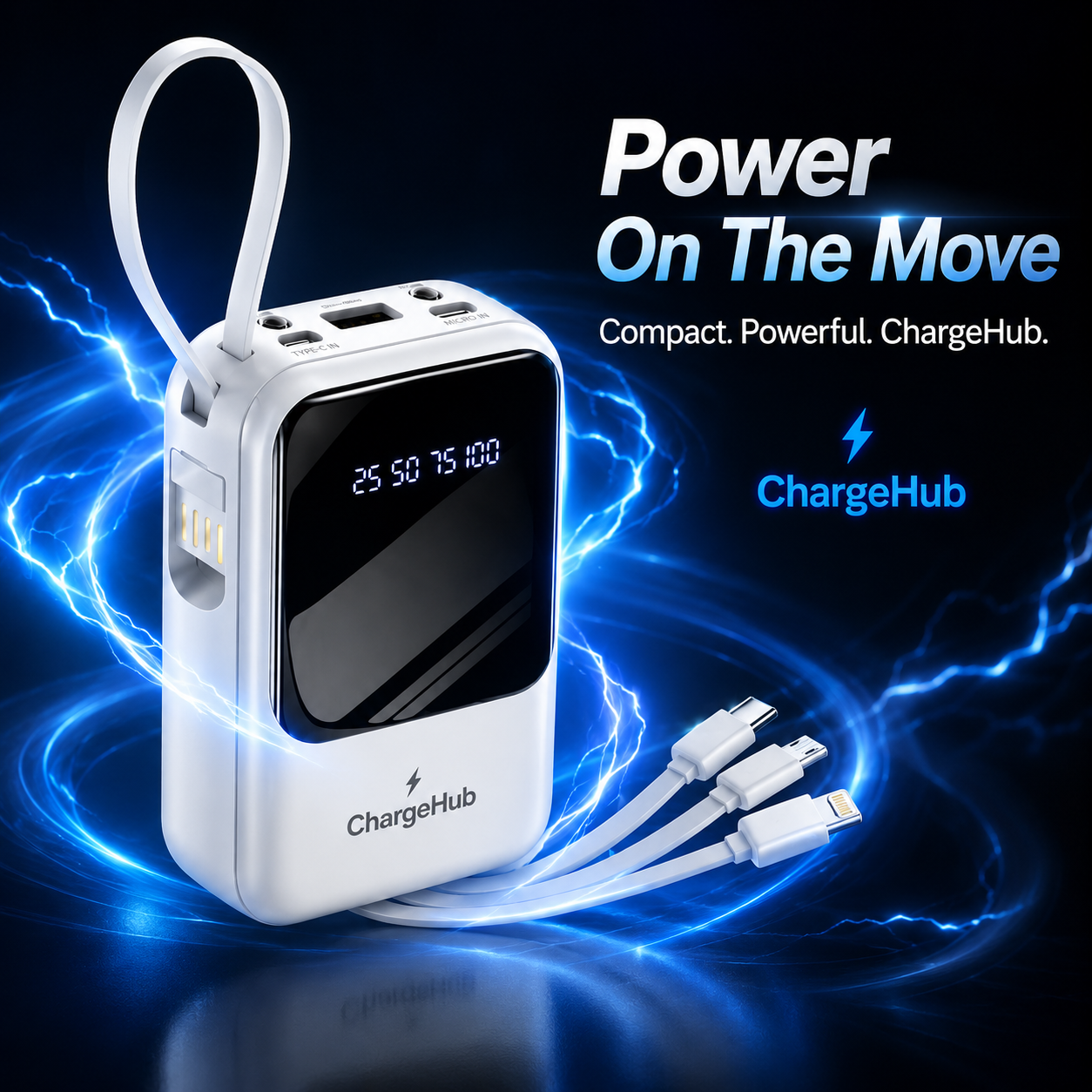 ChargeHub 10000mAh 66W power bank with built-in Type-C cables and LED display, view 4
