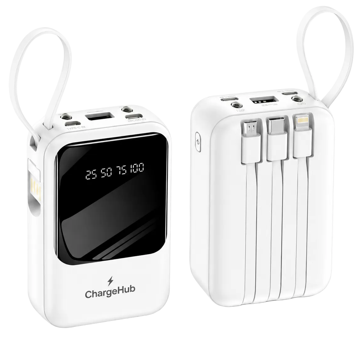 ChargeHub 10000mAh 66W power bank with built-in Type-C cables and LED display