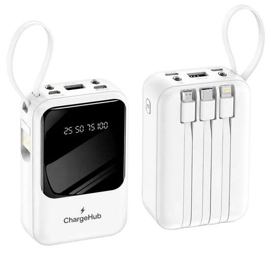 ChargeHub 10000mAh 66W power bank with built-in Type-C cables and LED display