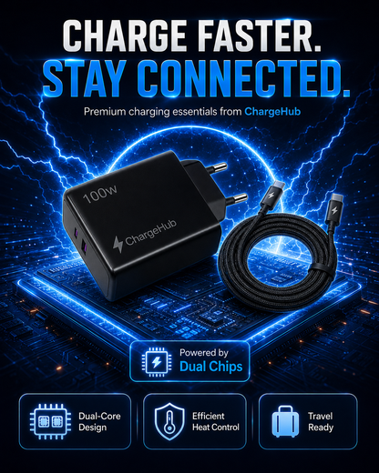 ChargeHub 100W dual-port USB-C GaN wall charger with EU plug for laptops and phones, view 2