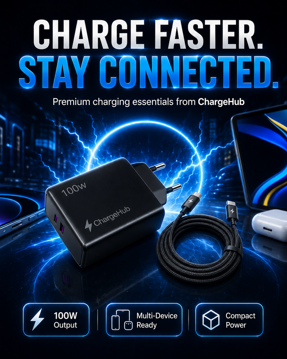 ChargeHub 100W dual-port USB-C GaN wall charger with EU plug for laptops and phones, view 3