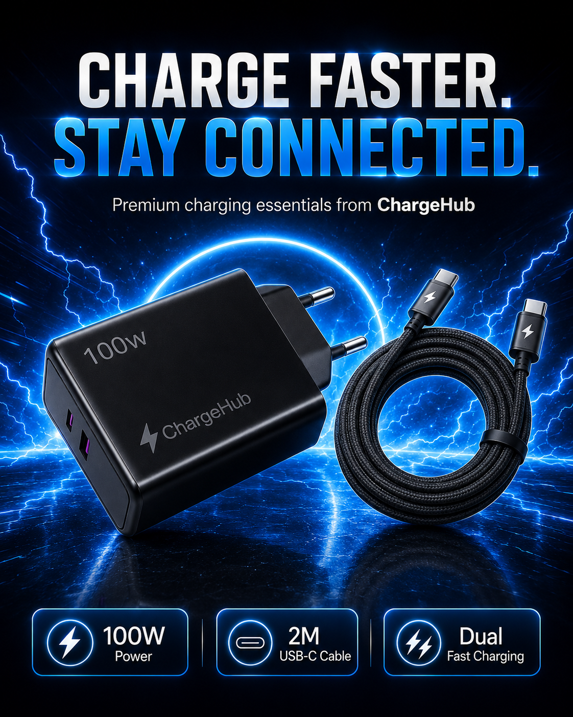 ChargeHub 100W dual-port USB-C GaN wall charger with EU plug for laptops and phones, view 4