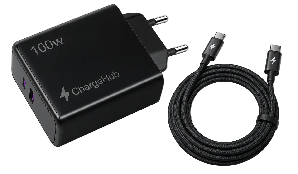 ChargeHub 100W dual-port USB-C GaN wall charger with EU plug for laptops and phones