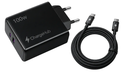 ChargeHub 100W dual-port USB-C GaN wall charger with EU plug for laptops and phones