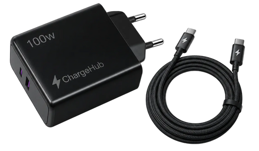 ChargeHub 100W dual-port USB-C GaN wall charger with EU plug for laptops and phones