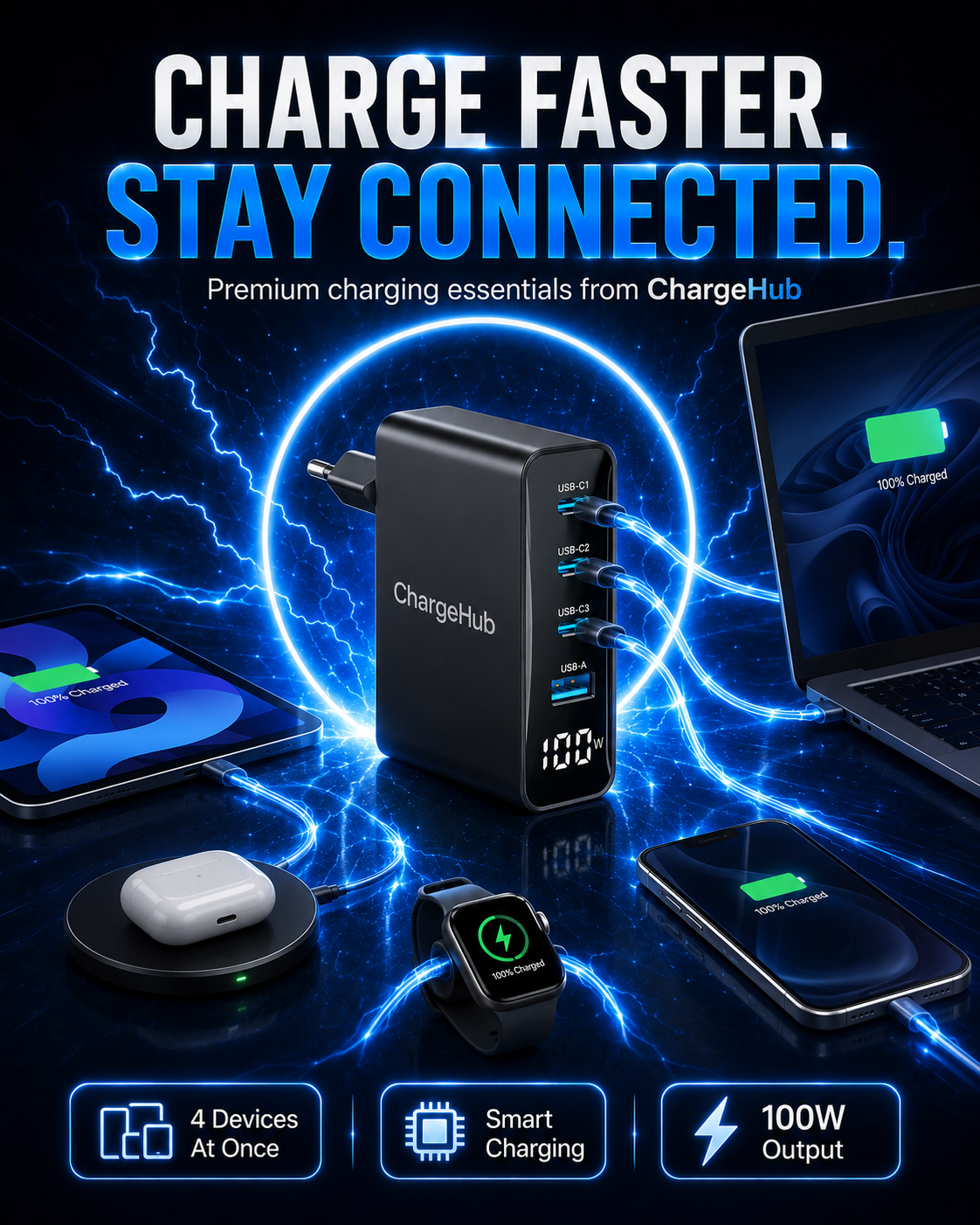 ChargeHub 100W GaN 4-port USB-C laptop charger for laptops, phones and tablets, view 2