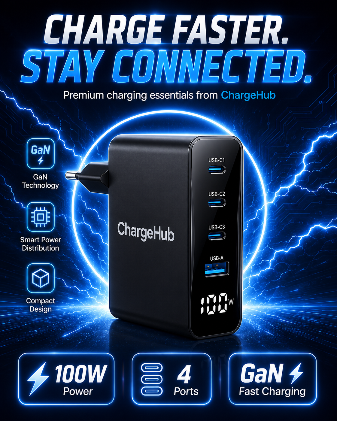 ChargeHub 100W GaN 4-port USB-C laptop charger for laptops, phones and tablets, view 3