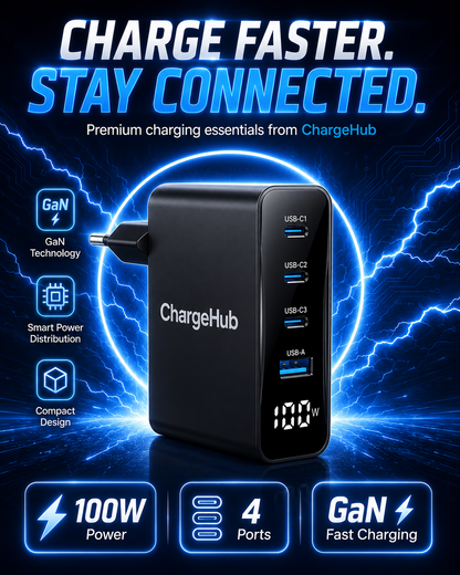 ChargeHub 100W GaN 4-port USB-C laptop charger for laptops, phones and tablets, view 3