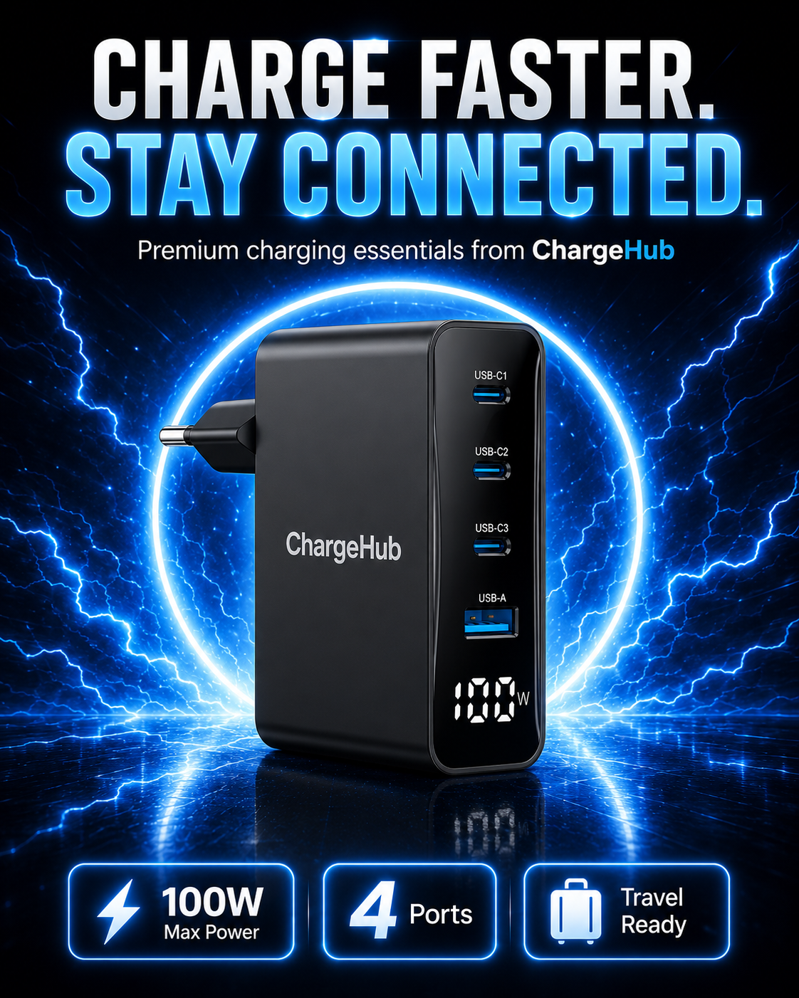 ChargeHub 100W GaN 4-port USB-C laptop charger for laptops, phones and tablets, view 4