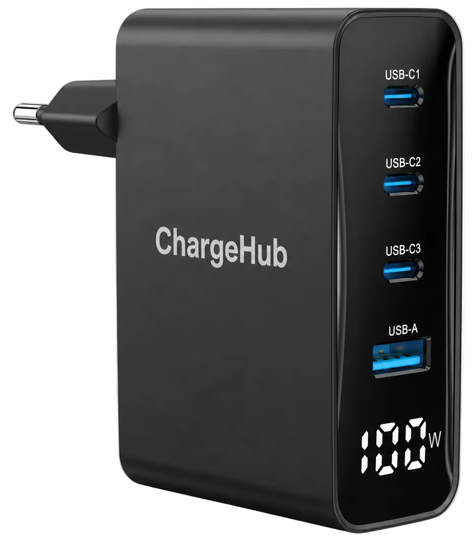 ChargeHub 100W GaN 4-port USB-C laptop charger for laptops, phones and tablets