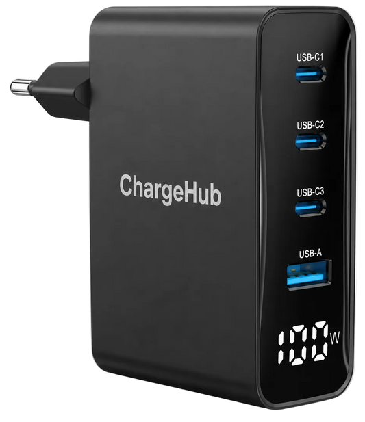 ChargeHub 100W GaN 4-port USB-C laptop charger for laptops, phones and tablets